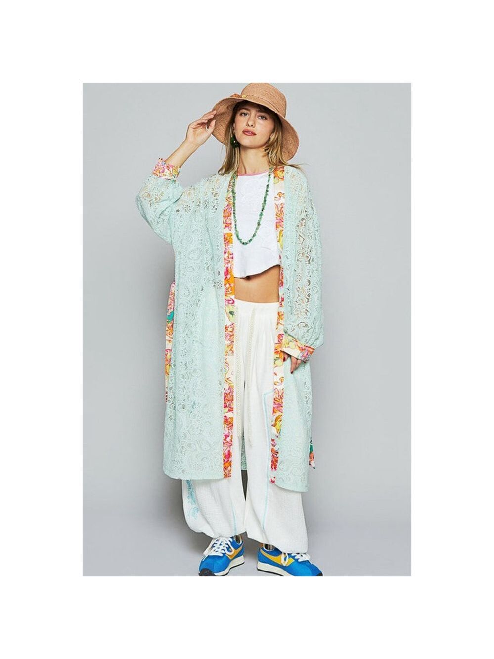 POL Clothing Floral Trim Lace Open Front Longline Cardigan Robe Size L